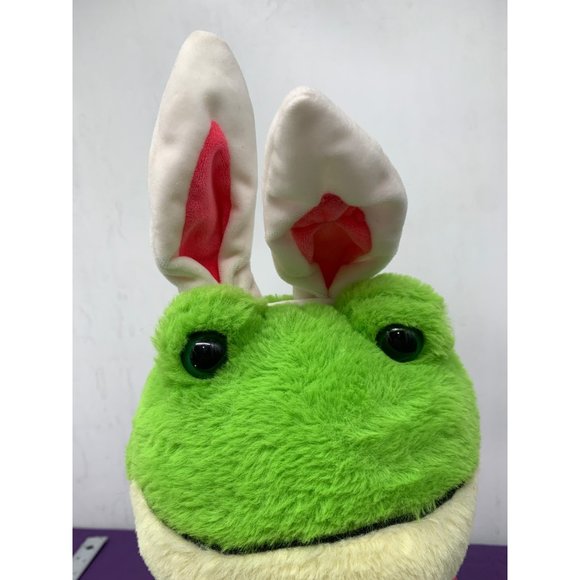 Walmart Green Frog Pink Bow Bunny Ears Easter 14.5 Inch Plastic Eyes Plush Stuff - Picture 9 of 11
